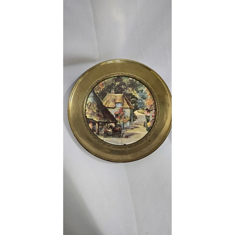 2 Vtg foil art brass wall plates England cottagecore countryside old world